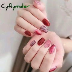 Cyflymder 24 Pcs Glossy Short Flat Press On Nails Pink Glitter French Style Fake Gradient Artifical