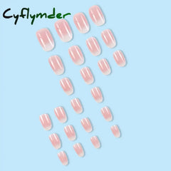 Cyflymder 24 Pcs Medium Oval Press On Nails Pink Gradient Stripe Pattern Fake Glossy Artificial