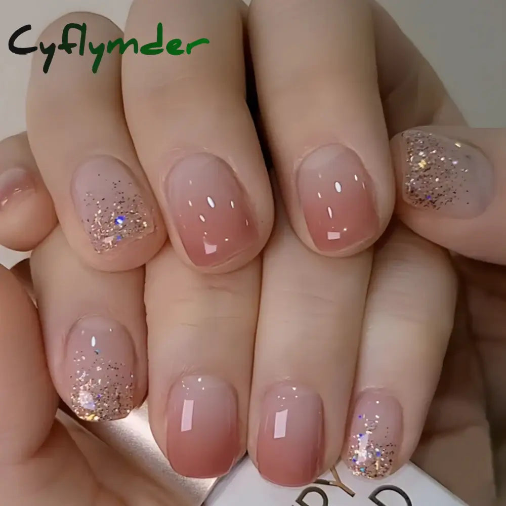 Cyflymder 24 Pcs Short Squoval Press On Nails Pink Gradient Stripe Pattern Fake Nails Glossy Artificial Finger Manicure