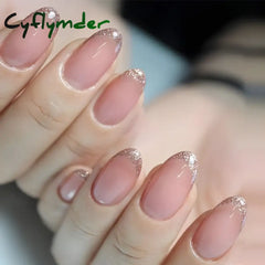 Cyflymder 24 Pcs Short Squoval Press On Nails Pink Gradient Stripe Pattern Fake Nails Glossy Artificial Finger Manicure