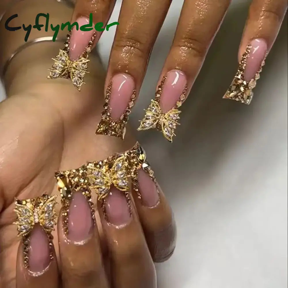 Cyflymder 24 Piece Rectangular 3D Butterfly Dot Diamond Style Brown Color Scheme Enhances Your Charm Nail Art Set Press