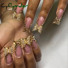 Cyflymder 24 Piece Rectangular 3D Butterfly Dot Diamond Style Brown Color Scheme Enhances Your Charm Nail Art Set Press