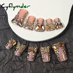 Cyflymder 24 Piece Rectangular 3D Butterfly Dot Diamond Style Brown Color Scheme Enhances Your Charm Nail Art Set Press