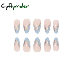 Cyflymder 24 Pieces Long Almond Irregular French style Pattern ABS Full Cover Glossy False Nails Y-252