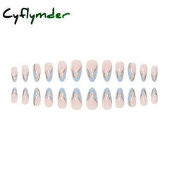 Cyflymder 24 Pieces Long Almond Irregular French style Pattern ABS Full Cover Glossy False Nails Y-252