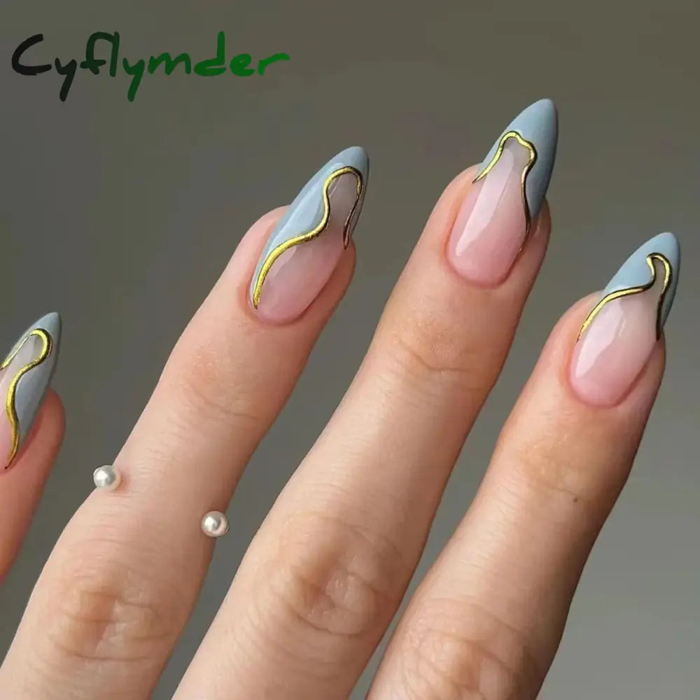 Cyflymder 24 Pieces Long Almond Irregular French style Pattern ABS Full Cover Glossy False Nails Y-252