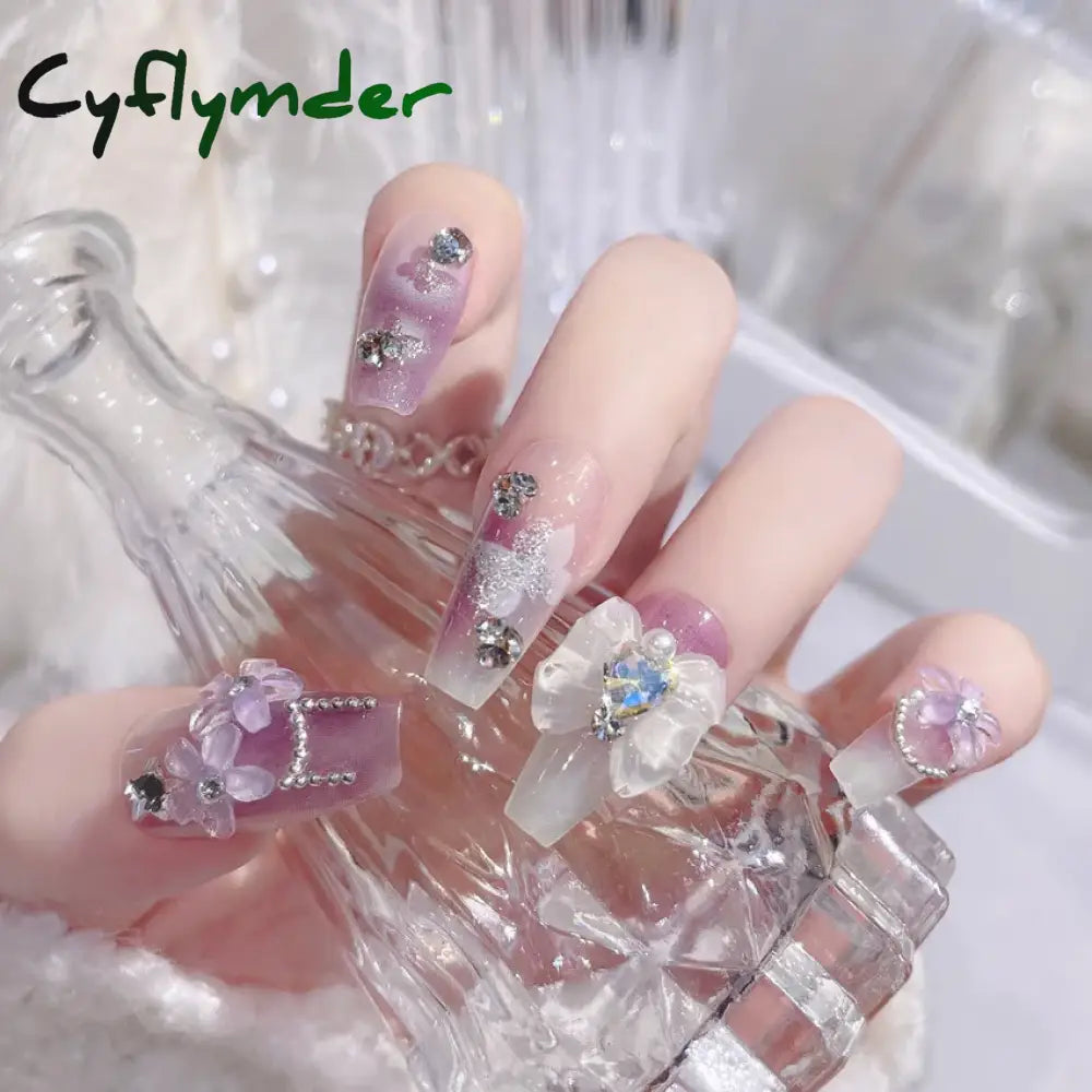 Cyflymder 24P Purple Gradient False Nails Long 3D Bow Diamond Fake Art Full Coverage Detachable