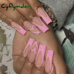 Cyflymder 24Pc Detachable Ballet Coffin French Fake Nails With Designs Butterfly Full Cover Press