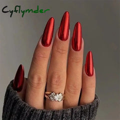 Cyflymder 24pc/set Medium Almond Fake Nails Metallic Mirror Red Black Purple Blue Golden Tips Faux 1041
