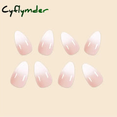 Cyflymder 24Pc Short Size French Oval White Gradient Minimalist style Women Full Coverage Wearable Fake Nails Set
