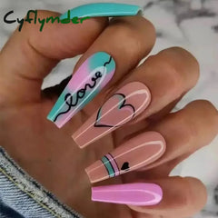 Cyflymder 24Pcs Acrylic False Nails With Glue Wave Line Designs Long Ballet Fake Gradient Coffin