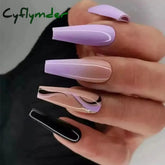 Cyflymder 24Pcs Acrylic False Nails With Glue Wave Line Designs Long Ballet Fake Gradient Coffin