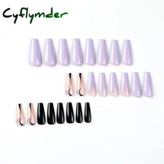 Cyflymder 24Pcs Acrylic False Nails With Glue Wave Line Designs Long Ballet Fake Gradient Coffin