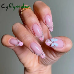 Cyflymder 24Pcs Almond False Nails Cute Strawberries with French Design Simple White Wearable Fake Nails Decoration