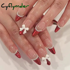 Cyflymder 24Pcs Almond False Nails Cute Strawberries with French Design Simple White Wearable Fake Nails Decoration