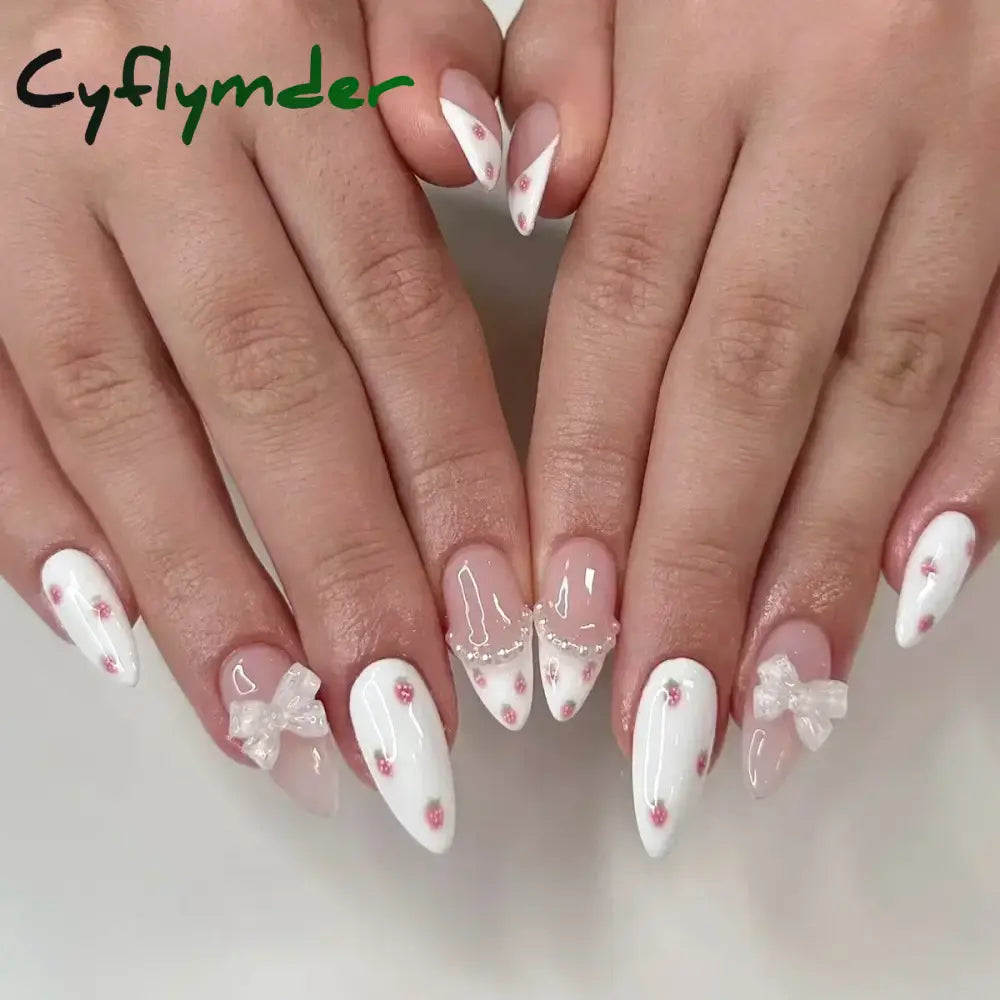Cyflymder 24Pcs Almond False Nails Cute Strawberries with French Design Simple White Wearable Fake Nails Decoration