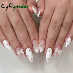 Cyflymder 24Pcs Almond False Nails Cute Strawberries with French Design Simple White Wearable Fake Nails Decoration