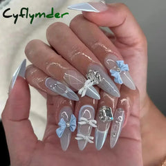 Cyflymder 24Pcs Almond False Nails Cute Strawberries with French Design Simple White Wearable Fake Nails Decoration