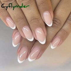 Cyflymder 24Pcs Almond French Fake Nails With Glue Simple Oval False Press On Wearable Finished Diy