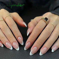 Cyflymder 24Pcs Almond French Fake Nails With Glue Simple Oval False Press On Wearable Finished Diy