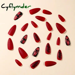 Cyflymder 24Pcs Almond Shaped French Press On Nails Romantic Burgundy Rose Pattern Design Wearable False Nail Suitable