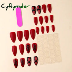 Cyflymder 24Pcs Almond Shaped French Press On Nails Romantic Burgundy Rose Pattern Design Wearable False Nail Suitable