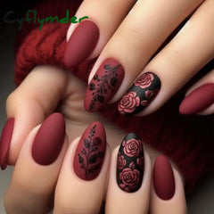 Cyflymder 24Pcs Almond Shaped French Press On Nails Romantic Burgundy Rose Pattern Design Wearable False Nail Suitable