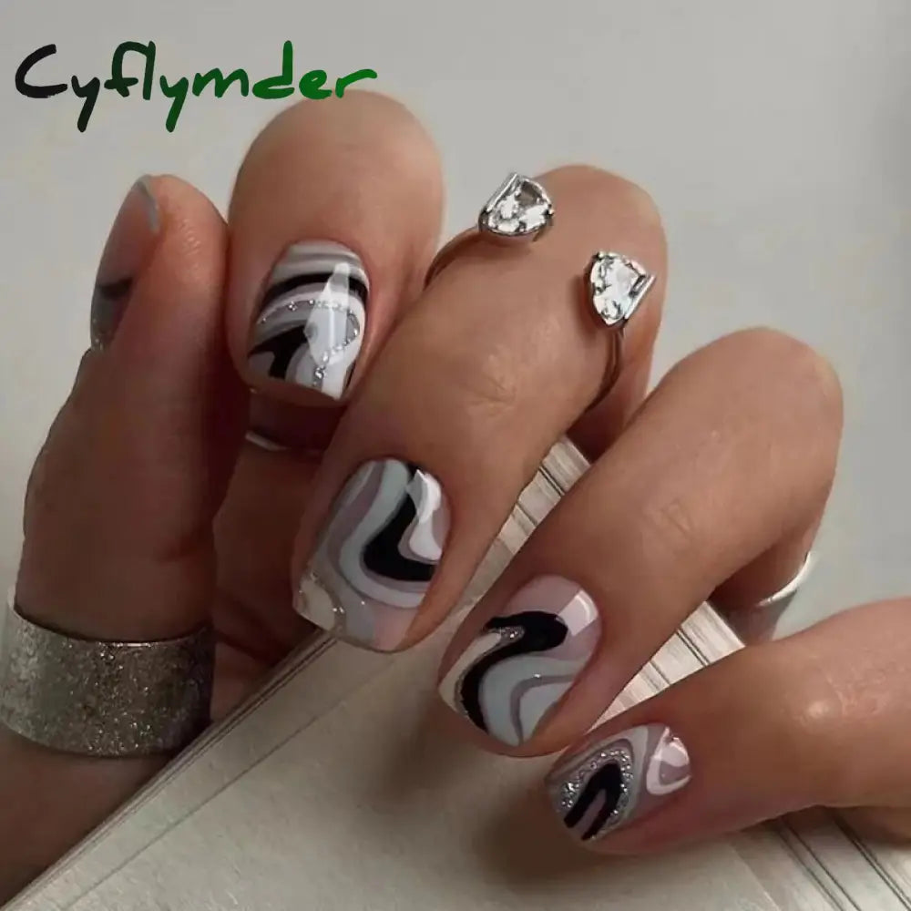 Cyflymder 24Pcs Artifical False Nails With Glue Colorful Glitter Fake Nail Short Round/Square