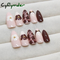 Cyflymder 24pcs Autumn Brown French Fake Nails Sweet Cool Wearing False Nails Wearable Full Cover Leopard Print Almond