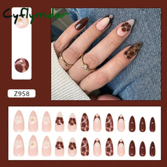 Cyflymder 24pcs Autumn Brown French Fake Nails Sweet Cool Wearing False Nails Wearable Full Cover Leopard Print Almond