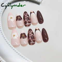 Cyflymder 24pcs Autumn Brown French Fake Nails Sweet Cool Wearing False Nails Wearable Full Cover Leopard Print Almond
