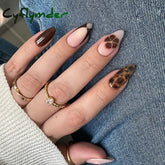 Cyflymder 24pcs Autumn Brown French Fake Nails Sweet Cool Wearing False Nails Wearable Full Cover Leopard Print Almond