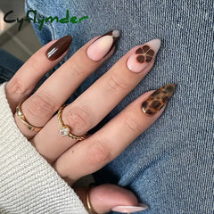 Cyflymder 24pcs Autumn Brown French Fake Nails Sweet Cool Wearing False Nails Wearable Full Cover Leopard Print Almond