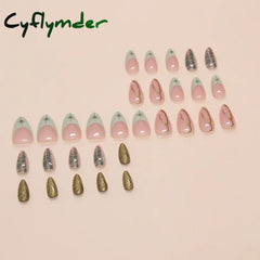 Cyflymder 24pcs Baroque Gold False Nails Green Crocodile pattern Fake Nails Tips Women Wearable Detchable French Almond