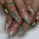 Cyflymder 24pcs Baroque Gold False Nails Green Crocodile pattern Fake Nails Tips Women Wearable Detchable French Almond