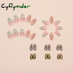 Cyflymder 24pcs Baroque Gold False Nails Green Crocodile pattern Fake Nails Tips Women Wearable Detchable French Almond