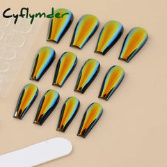 Cyflymder 24Pcs/Box Ballerina Press on Nails Tips False Nail Art Full Cover Detachable Artificial Fake Nails Metal