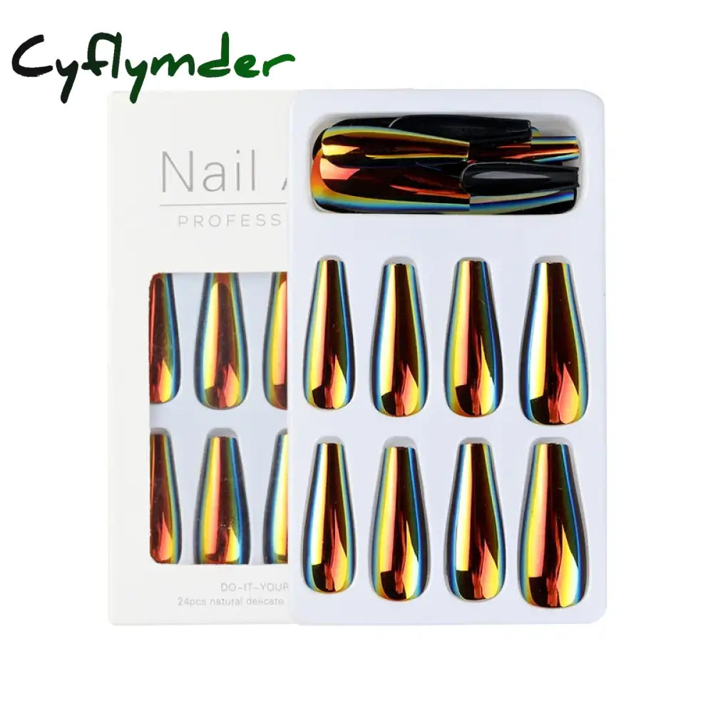 Cyflymder 24Pcs/Box Ballerina Press on Nails Tips False Nail Art Full Cover Detachable Artificial Fake Nails Metal