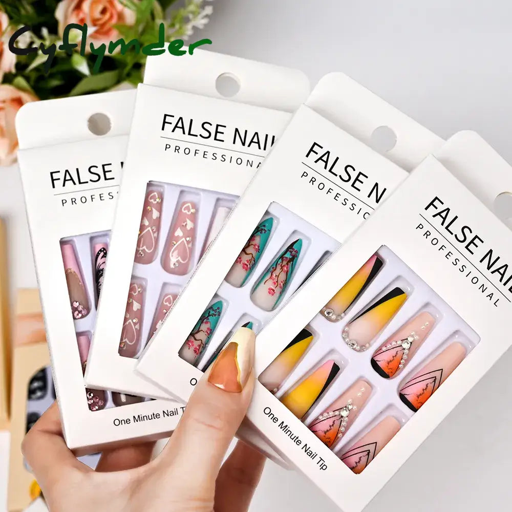 Cyflymder 24Pcs/Box Fake Nail Long Ballet Reusable Acrylic Press On Nails Artificial Full Cover