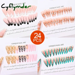 Cyflymder 24Pcs/Box Fake Nail Long Ballet Reusable Acrylic Press On Nails Artificial Full Cover