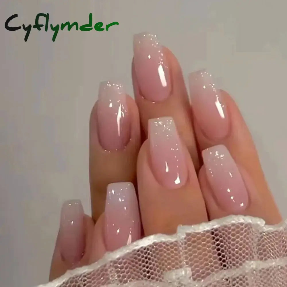 Cyflymder 24Pcs/Box Gradient Pink Nail Tips Detachable Glitter Fake Nails Long Ballerina False Full