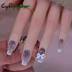 Cyflymder 24Pcs/Box Simple Style Long Square French False Nails Detachable Fake Nials Fashion Nail