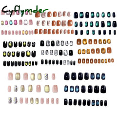 Cyflymder 24PCS Cat Eye Short False Nails Reusable Glitter Fake Nails Full Cover Artficial Nails Stick on Nails DIY