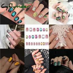 Cyflymder 24PCS Cat Eye Short False Nails Reusable Glitter Fake Nails Full Cover Artficial Nails Stick on Nails DIY