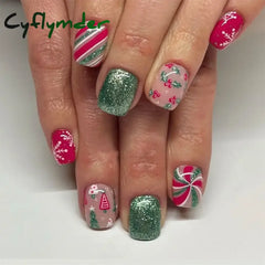 Cyflymder 24pcs Christmas Holiday Themed Medium Square Fake Nails Pink Red & Green Glossy Press-On Nails Set Reusable