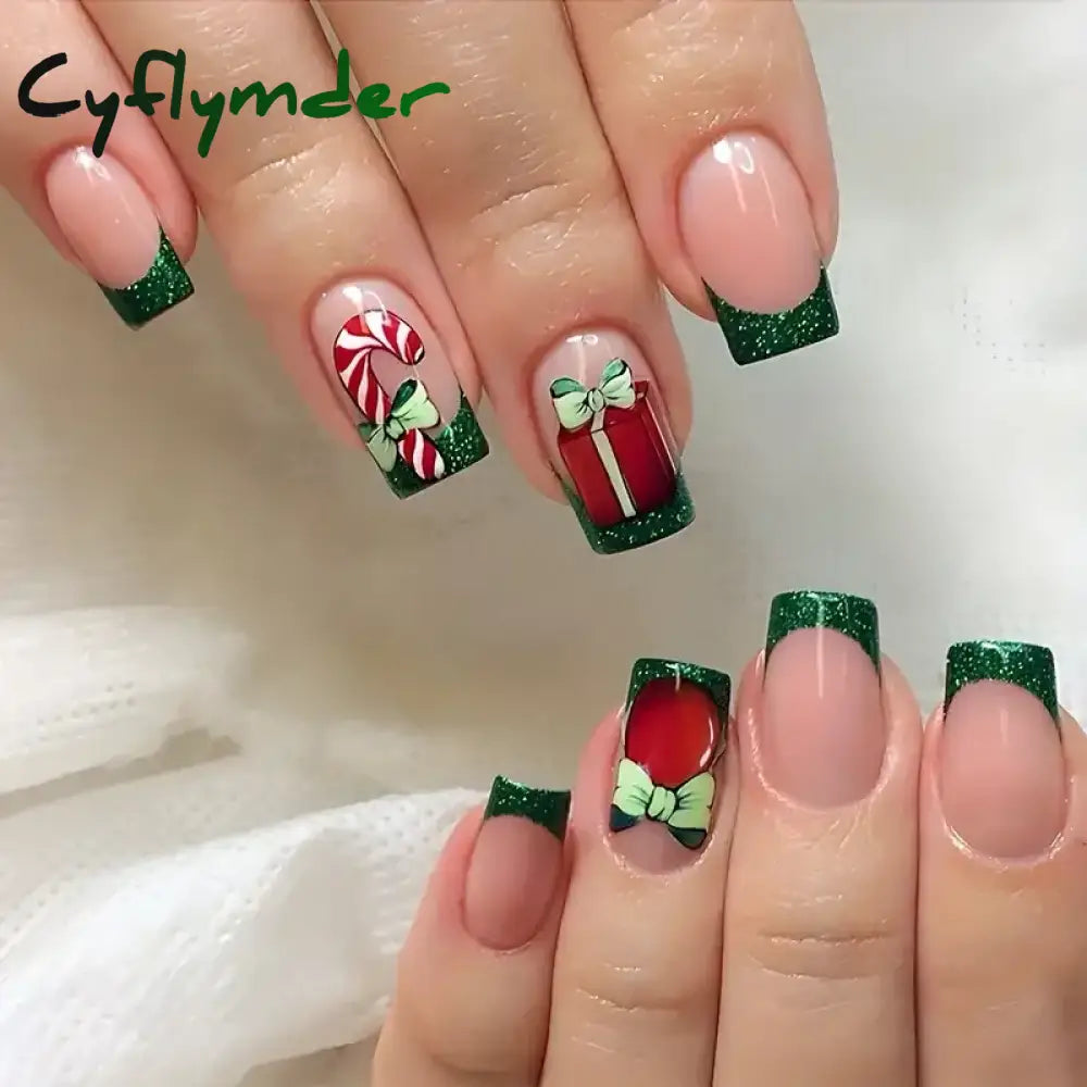 Cyflymder 24pcs Christmas Holiday Themed Medium Square Fake Nails Pink Red & Green Glossy Press-On Nails Set Reusable