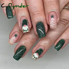 Cyflymder 24pcs Christmas Holiday Themed Medium Square Fake Nails Pink Red & Green Glossy Press-On Nails Set Reusable