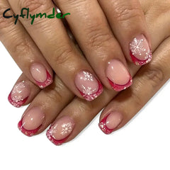 Cyflymder 24pcs Christmas Holiday Themed Medium Square Fake Nails Pink Red & Green Glossy Press-On Nails Set Reusable