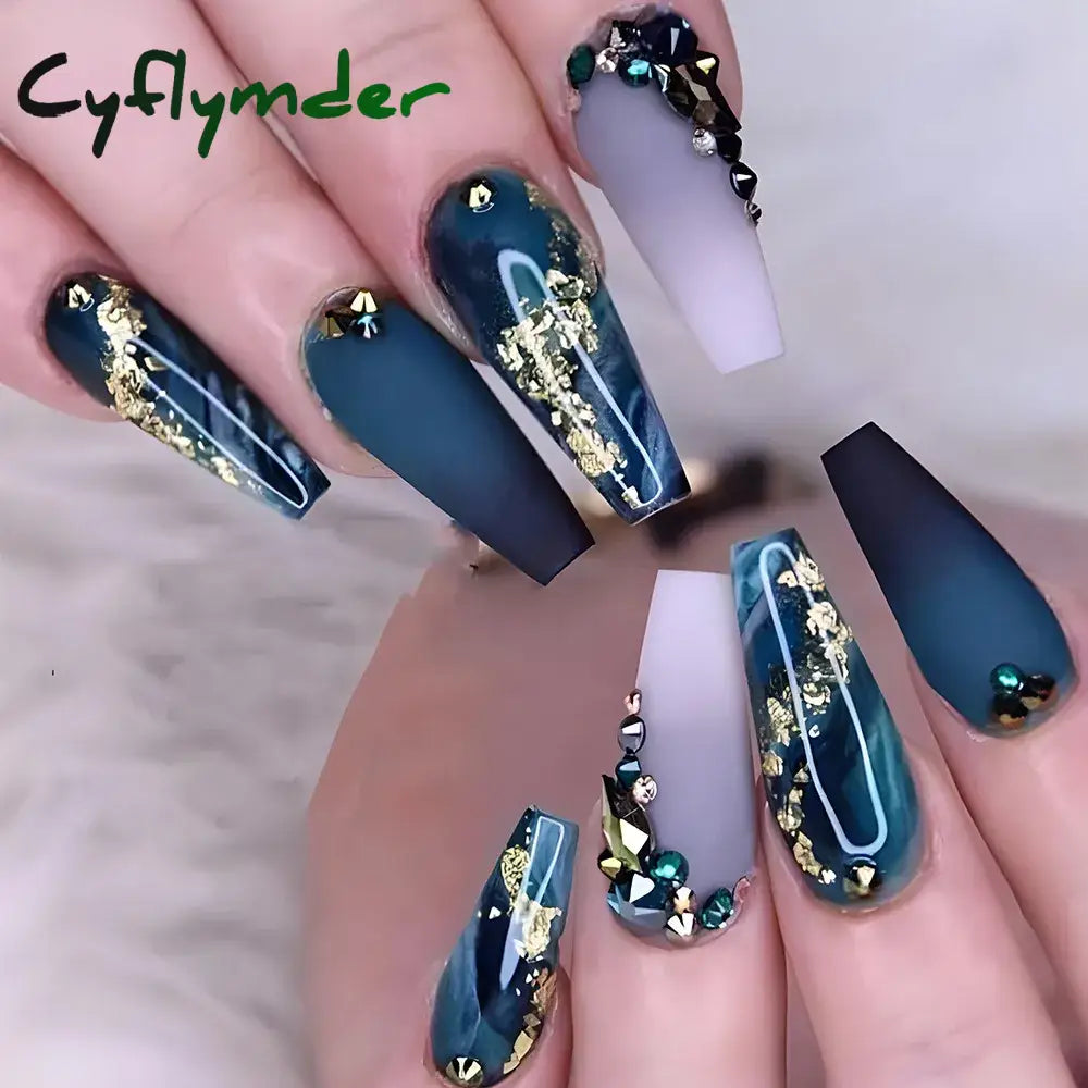 Cyflymder 24Pcs False Nails Rhinestone Glitter Marble Grain Design Fake Fingernails Long Ballet