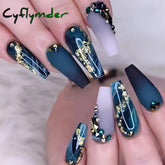 Cyflymder 24Pcs False Nails Rhinestone Glitter Marble Grain Design Fake Fingernails Long Ballet